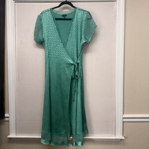 Women's KOMAROV Teal Crinkle Chiffon Wrap Dress M